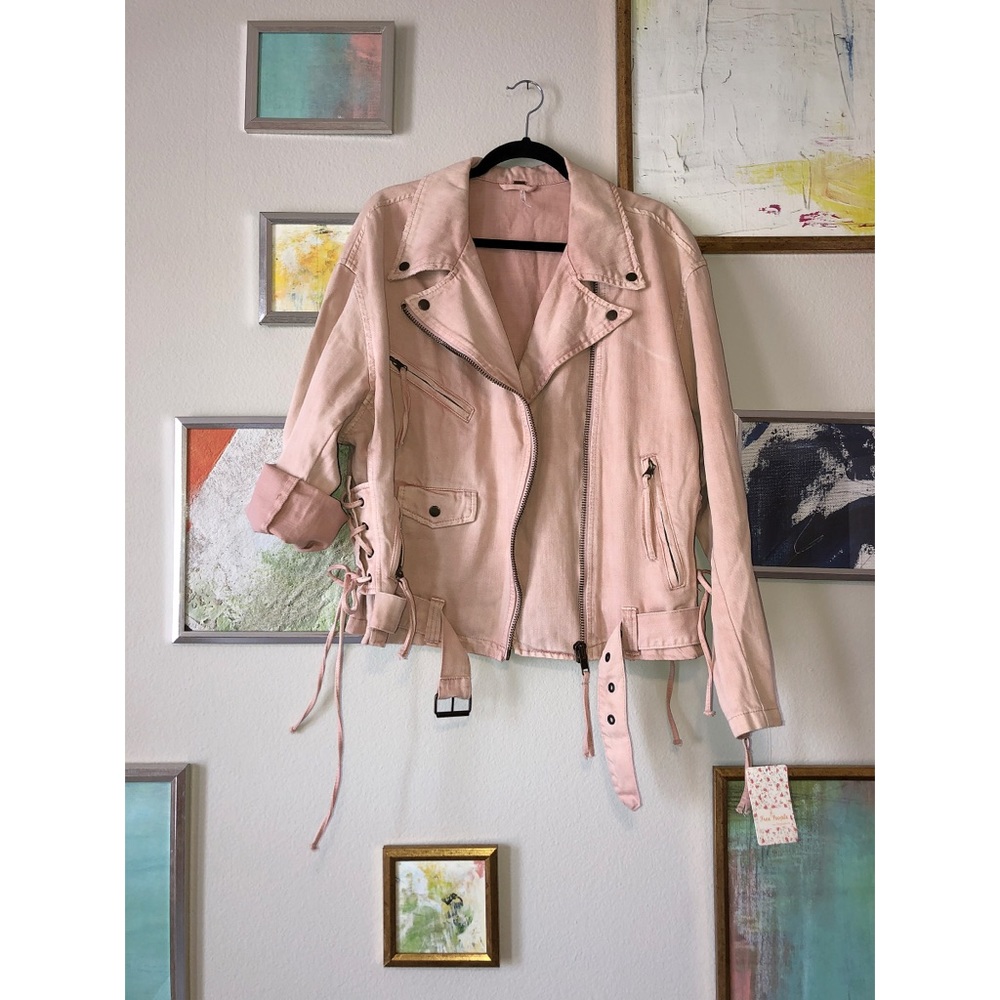 Free People | blush denim moto jacket | M | NWT